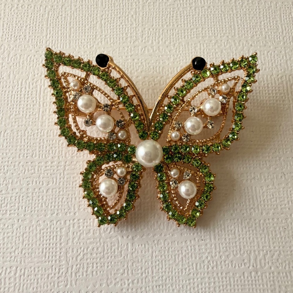 Mint Butterfly Brooch Pin Gold Tone Green Rhinestone‎ Faux Pearl Insect